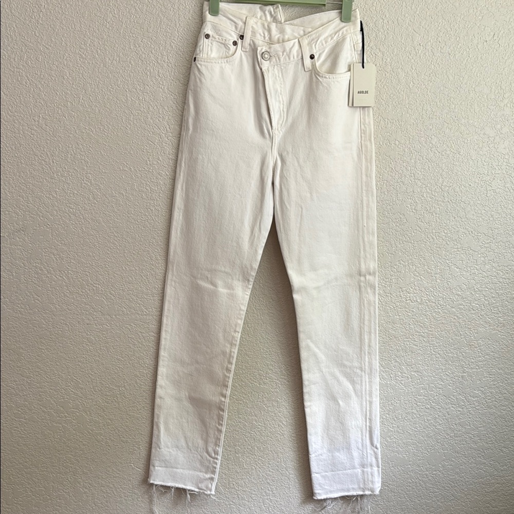Agolde White Criss Cross Straight Leg Jeans Smooth Finish